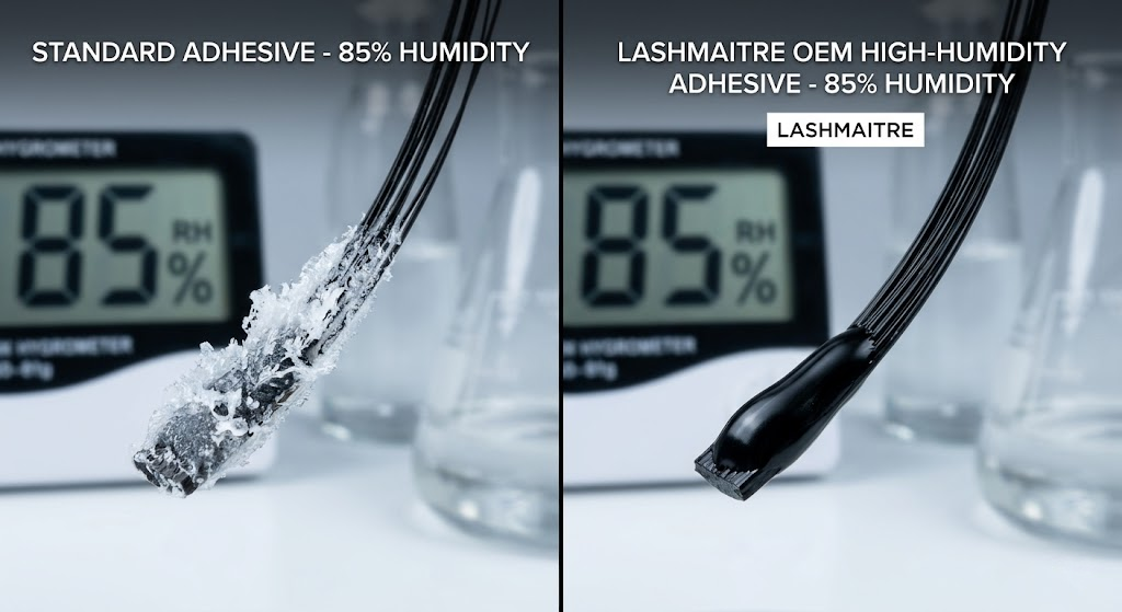 A split-screen macro lab test comparing standard adhesive shock polymerization against a high-humidity stable LASHMAITRE OEM adhesive, essential for durable charleston eyelash extensions in 85% humidity.