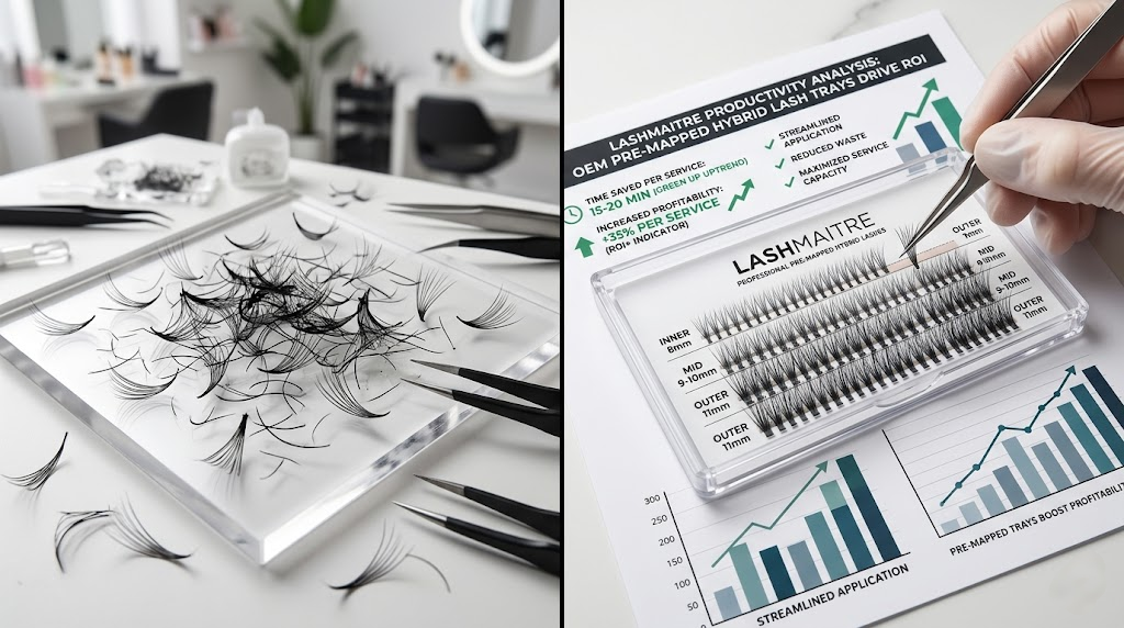 A professional split-screen macro photograph comparing a disorganized lash tile on the left with a highly organized OEM pre-mapped tray over a financial ROI chart on the right, demonstrating how salons can boost profitability when fulfilling local demand for hybrid eyelash extensions near me.