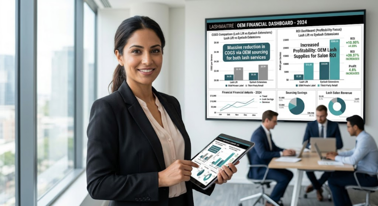 A professional corporate environment where a B2B wholesale buyer analyzes a detailed digital financial dashboard. The dashboard's charts show a massive reduction in Cost of Goods Sold (COGS) for both lash lift vs eyelash extensions services when switching from third-party retail kits to OEM private label lash supplies, demonstrating significantly increased salon ROI and profitability.