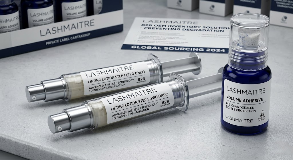 A highly detailed macro shot showing advanced OEM B2B packaging solutions, including private-label airless pump syringes for lotions and desiccant-sealed adhesive bottles, crucial for maintaining chemical integrity and preventing degradation when stocking inventory for lash lift vs eyelash extensions.