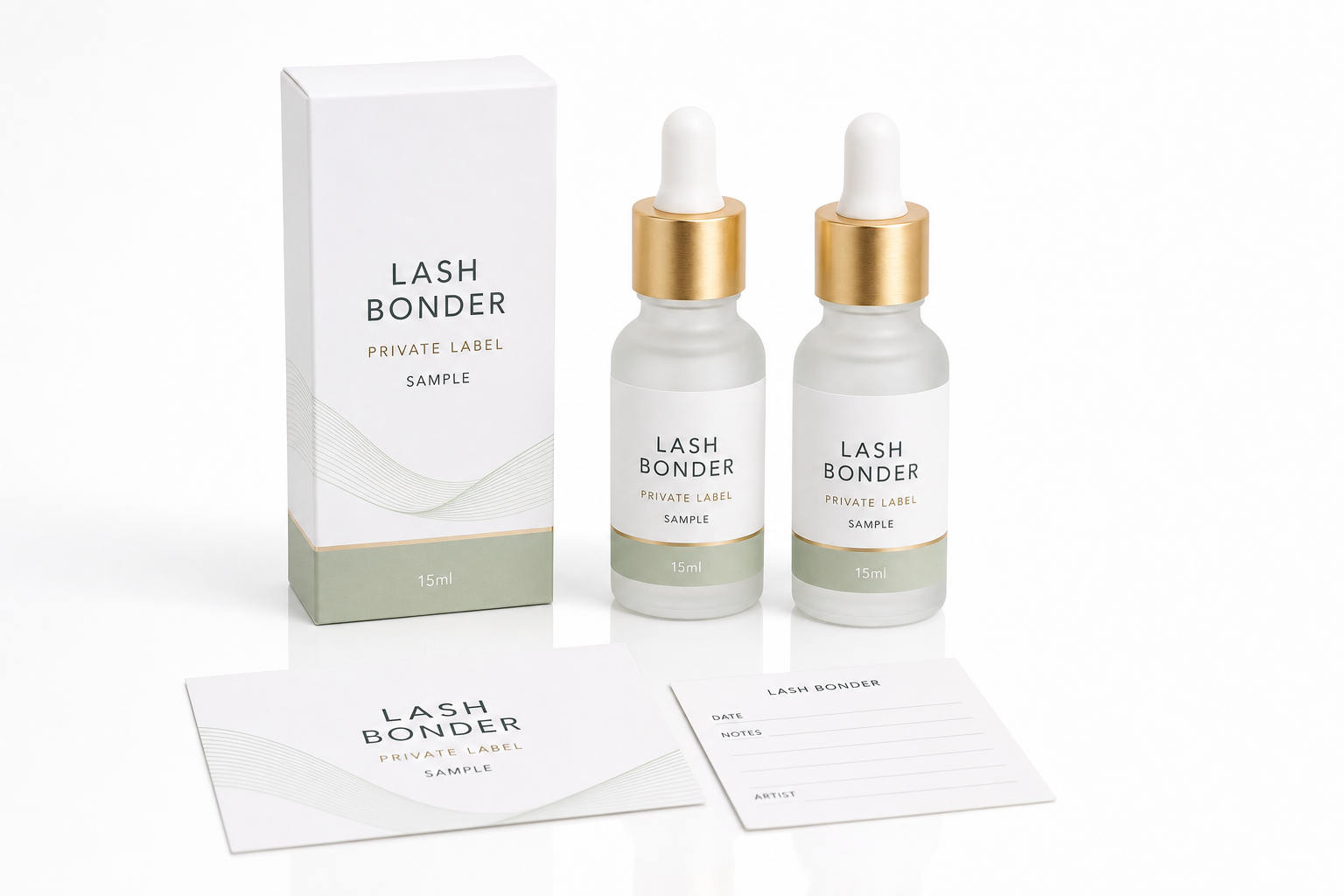 lash bonder samples with frosted bottles outer box and sample cards for B2B review
