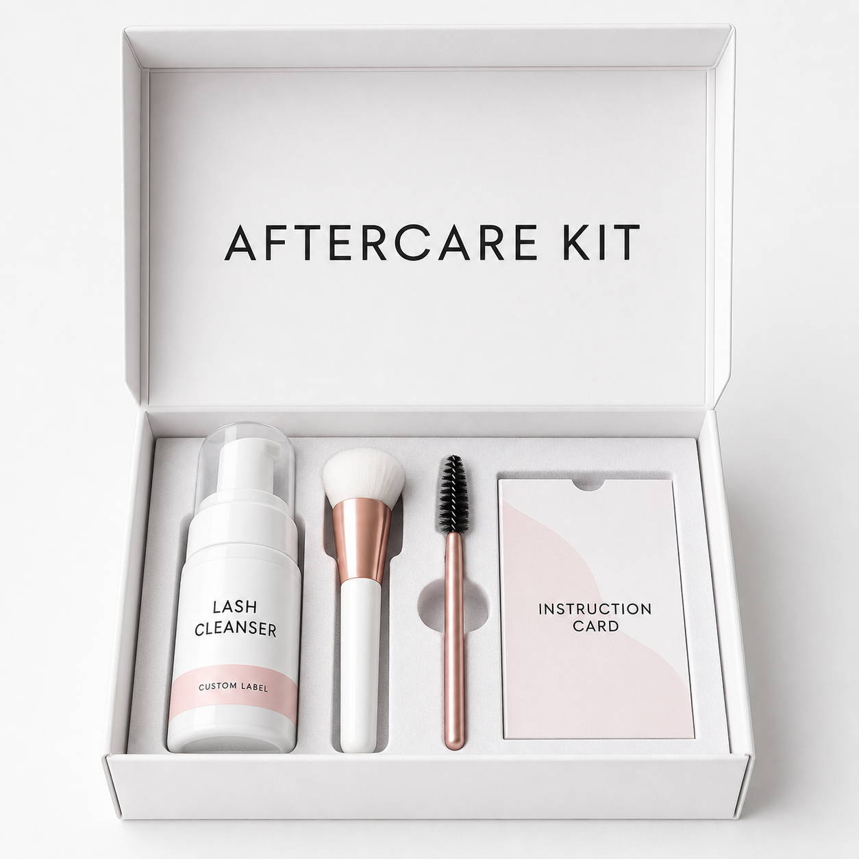lash cleanser aftercare kit with cleanser brush spoolie and instruction card