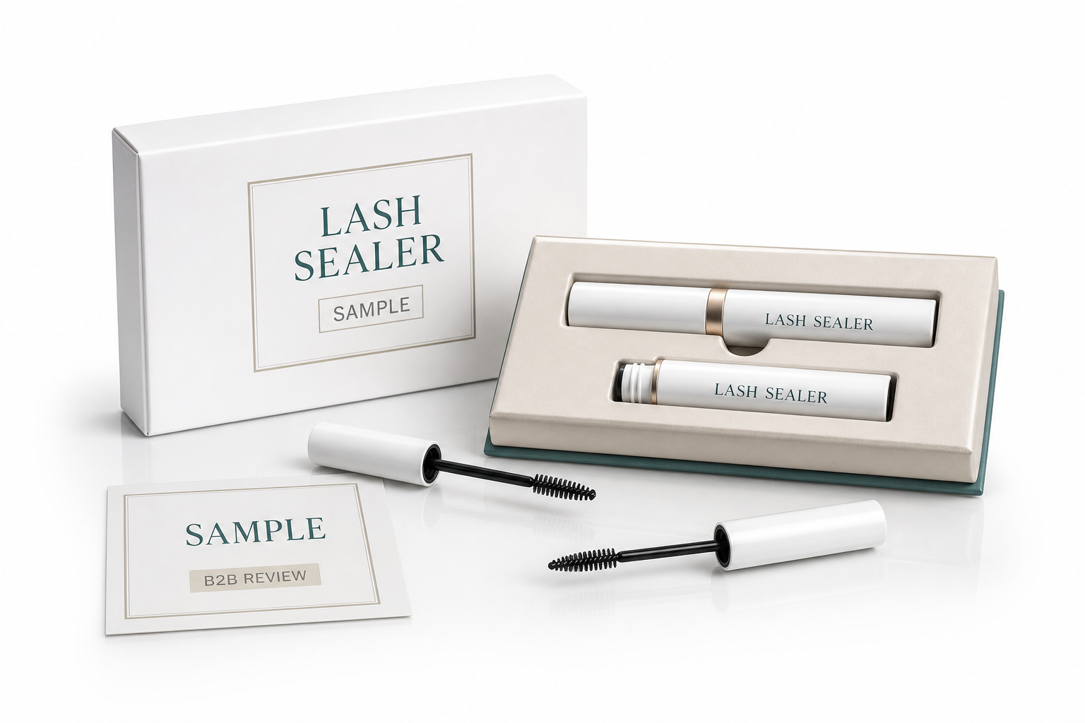 lash sealer samples with tube bottles wand applicators tray and sample card for B2B review