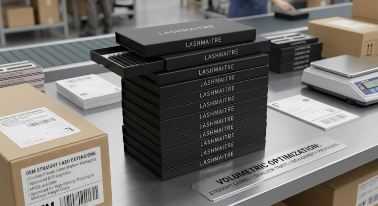Ultra-slim custom private label boxes for straight eyelash extensions featuring the LASHMAITRE text-only logo, specifically engineered for high-density B2B wholesale logistics and reduced international freight costs.