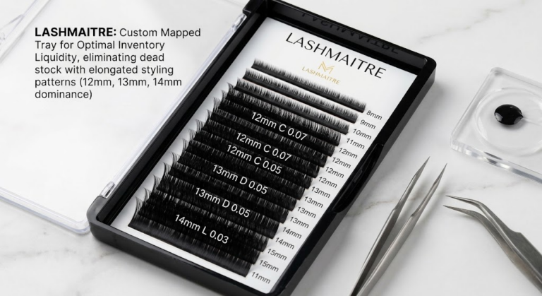 Professional B2B product demonstration of a sleek, matte black LASHMAITRE 20-row XXL lash tray, custom-mapped with heavily weighted 12mm, 13mm, and 14mm lengths to eliminate dead stock for wink eyelash extensions.