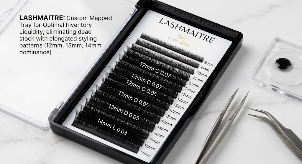Professional B2B product demonstration of a sleek, matte black LASHMAITRE 20-row XXL lash tray, custom-mapped with heavily weighted 12mm, 13mm, and 14mm lengths to eliminate dead stock for wink eyelash extensions.