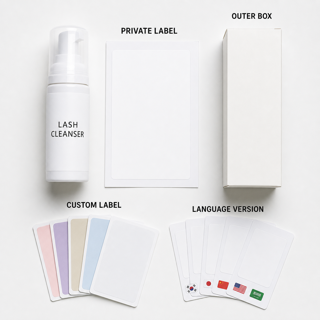 private label lash cleanser customization with custom label outer box and language version