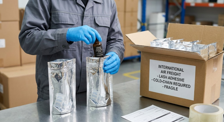 A LASHMAITRE factory worker packing bottles of strong eyelash extension glue into reflective thermal insulation bags with silica gel packets for temperature-stable B2B international shipping.
