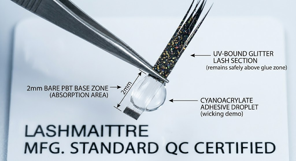 A highly magnified microscopic demonstration showing a single eyelash extension with glitter dipped in clear cyanoacrylate adhesive. The uncoated 2mm bare PBT base absorbs the glue, while the UV-bound glitter remains safely above the distinct glue zone.