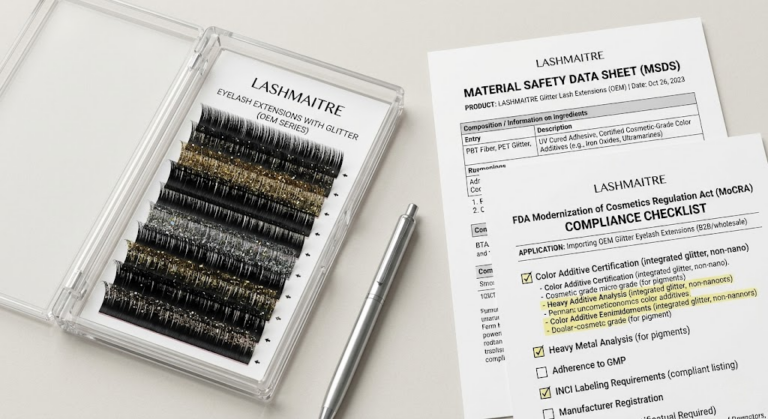 A professional B2B flat-lay showcasing a customized tray of eyelash extensions with glitter resting alongside a printed MSDS document and an FDA MoCRA compliance checklist highlighting color additive safety.