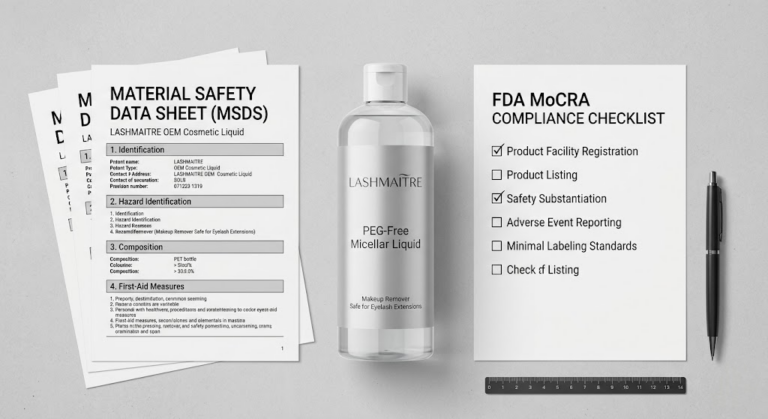 A professional B2B flat-lay showcasing a customized bottle of PEG-free micellar liquid alongside an MSDS document and FDA MoCRA compliance checklist, highlighting regulatory requirements for a makeup remover safe for eyelash extensions.