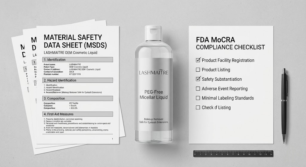A professional B2B flat-lay showcasing a customized bottle of PEG-free micellar liquid alongside an MSDS document and FDA MoCRA compliance checklist, highlighting regulatory requirements for a makeup remover safe for eyelash extensions.