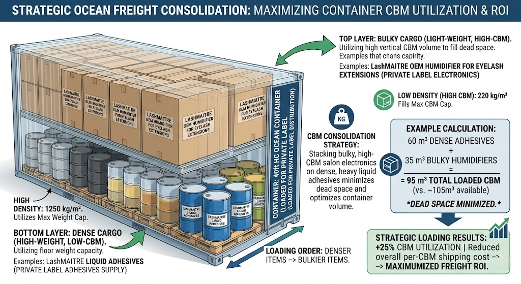 A professional B2B logistics diagram illustrating the strategic loading of a 40ft container, stacking bulky OEM humidifier for eyelash extensions boxes on top of dense liquid adhesive pallets to maximize CBM utilization.