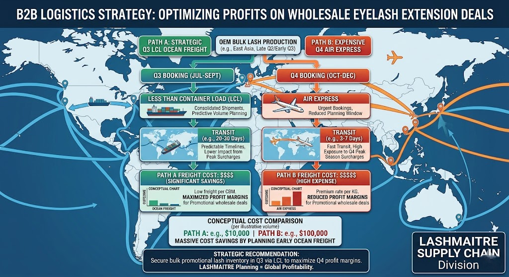 A professional B2B logistical flowchart overlaid on a global trade map, illustrating the cost-saving benefits of Q3 LCL ocean freight versus Q4 air express to maximize profit margins on wholesale eyelash extension deals.