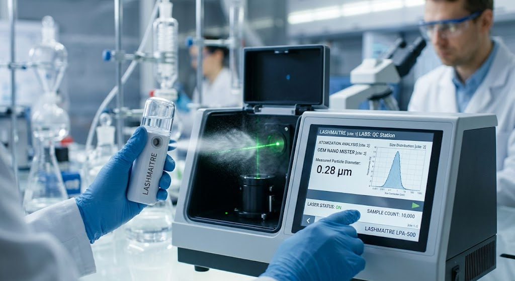 Macro photography of a B2B factory quality control engineer utilizing a laser particle analyzer to measure the exact micrometer diameter of water vapor emitted from an OEM nano mister for eyelash extensions.