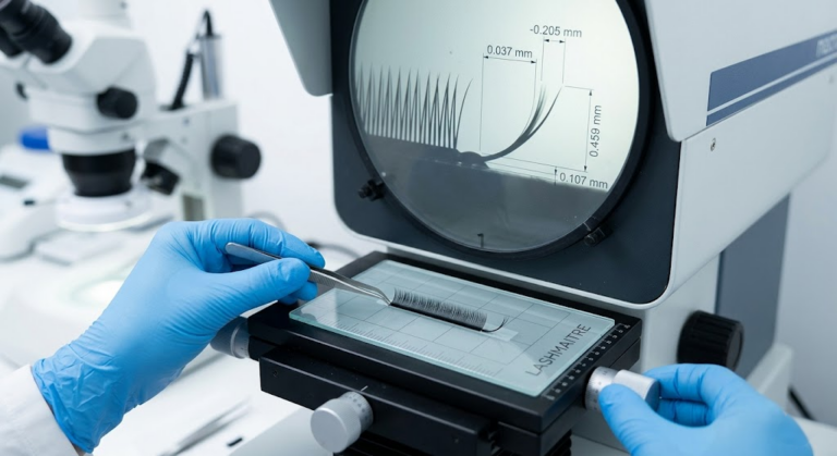 Macro photography of a B2B factory quality control engineer using an optical comparator to measure the precise angle and sweep of b curl eyelash extensions on a sterile testing tile.