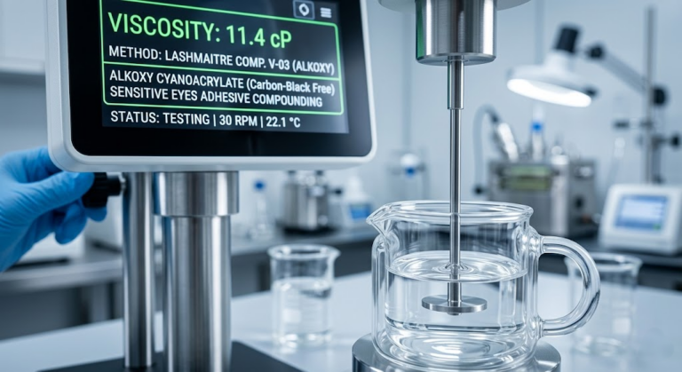Extreme macro photography of a digital rotational viscometer testing the viscosity of a clear, carbon-black-free Alkoxy cyanoacrylate eyelash extension adhesive for sensitive eyes inside a sterile B2B chemical laboratory.