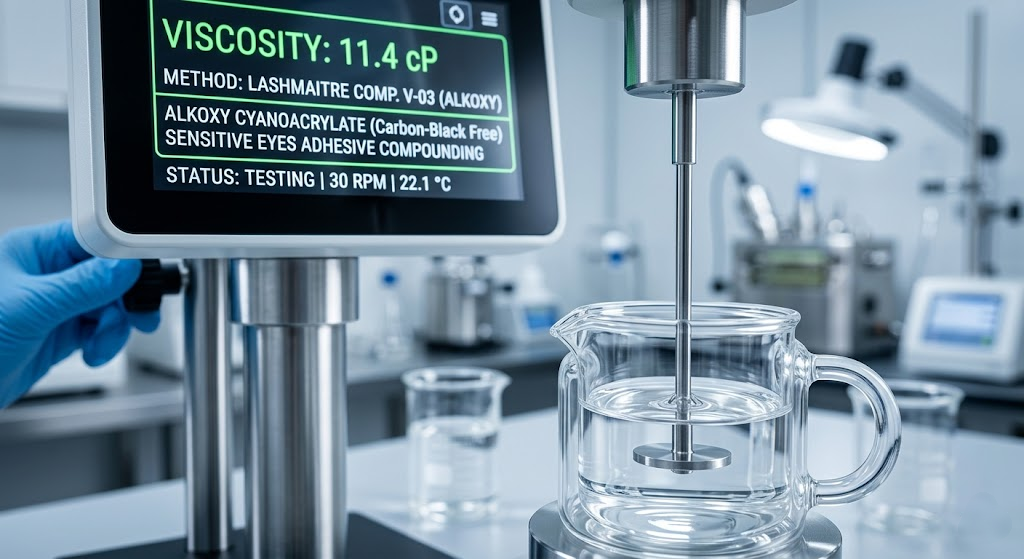 Extreme macro photography of a digital rotational viscometer testing the viscosity of a clear, carbon-black-free Alkoxy cyanoacrylate eyelash extension adhesive for sensitive eyes inside a sterile B2B chemical laboratory.