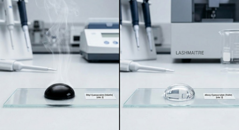 A B2B laboratory split-screen macro photograph comparing adhesive quality and chemical stability for premium classic eyelash extensions full set applications. The left side displays a traditional volatile fuming black ethyl cyanoacrylate adhesive drop. The right side shows a crystal-clear stable non-fuming alkoxy cyanoacrylate adhesive drop engineered for sensitive eyes, remaining completely calm, demonstrating rigorous chemical testing protocols for professional lash extensions full set products.