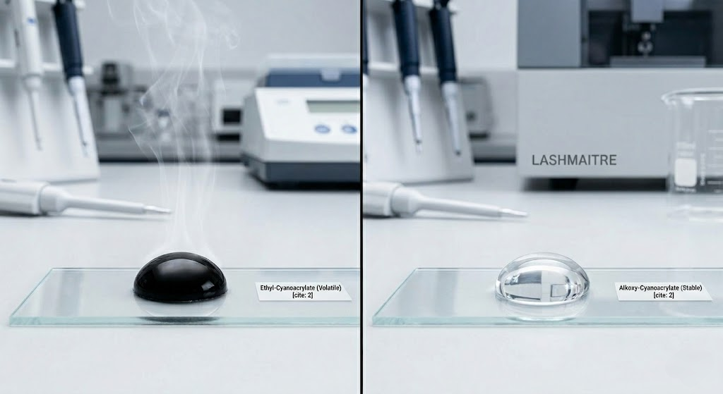 A B2B laboratory split-screen macro photograph comparing adhesive quality and chemical stability for premium classic eyelash extensions full set applications. The left side displays a traditional volatile fuming black ethyl cyanoacrylate adhesive drop. The right side shows a crystal-clear stable non-fuming alkoxy cyanoacrylate adhesive drop engineered for sensitive eyes, remaining completely calm, demonstrating rigorous chemical testing protocols for professional lash extensions full set products.