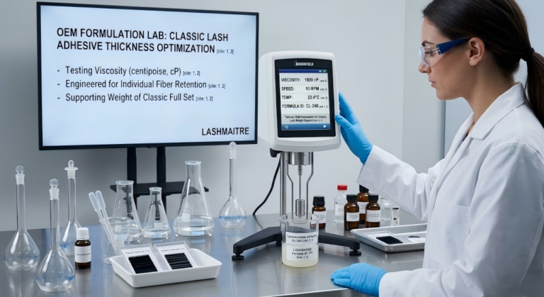 Macro photography view of a B2B factory chemist conducting an adhesion spread test of a thick-viscosity cyanoacrylate drop along the concave groove of a 0.15mm flat lash on a sterile glass tile, optimizing product for classic eyelash extensions full set applications.