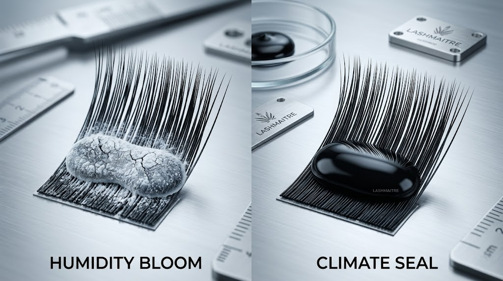 Macro comparison of LASHMAITRE adhesive curing stability showing a brittle bloomed bond vs. a sleek climate-seal polymer for wholesale Wichita KS eyelash extensions.