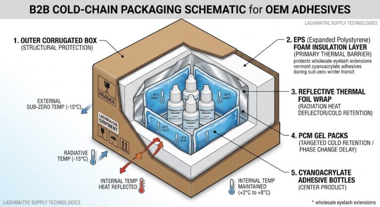 A technical cross-sectional diagram illustrating the multi-layer OEM B2B cold-chain packaging solution designed to protect wholesale eyelash extensions vermont cyanoacrylate adhesives during sub-zero winter transit. The diagram details the sequence of the outer corrugated box, EPS foam insulation layer, thermal foil wrap, and PCM gel packs surrounding the product core.