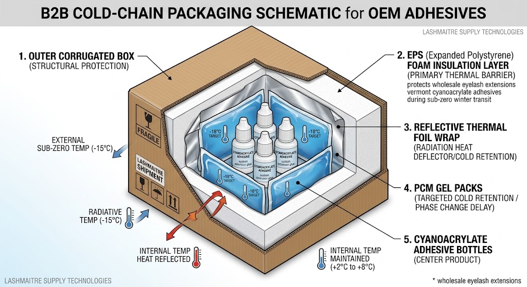 A technical cross-sectional diagram illustrating the multi-layer OEM B2B cold-chain packaging solution designed to protect wholesale eyelash extensions vermont cyanoacrylate adhesives during sub-zero winter transit. The diagram details the sequence of the outer corrugated box, EPS foam insulation layer, thermal foil wrap, and PCM gel packs surrounding the product core.