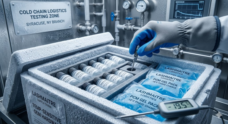 A B2B logistics engineer inspecting an EPS-insulated thermal shipping container with OEM cyanoacrylate adhesives and PCM gel packs in a sub-zero testing chamber, ensuring winter supply chain stability for eyelash extensions syracuse wholesale partners.