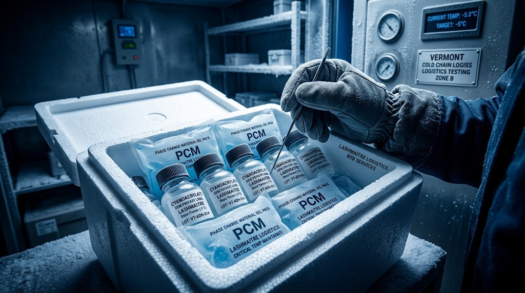 High-contrast macro photography of a B2B logistics engineer inspecting an EPS-insulated thermal shipping container with OEM cyanoacrylate adhesives and PCM gel packs, ensuring cold-chain stability for eyelash extensions vermont distributors.