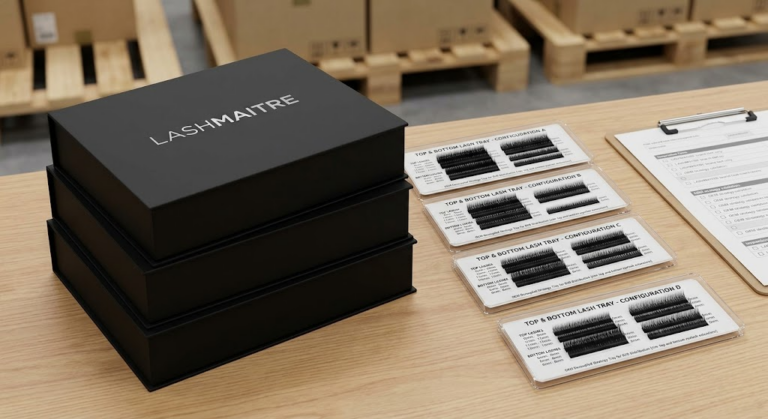 Logistics view of a decoupled OEM packaging strategy featuring a matte black magnetic box and internal tray cards for various top and bottom eyelash extensions configurations.