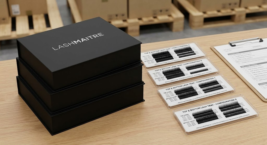 Logistics view of a decoupled OEM packaging strategy featuring a matte black magnetic box and internal tray cards for various top and bottom eyelash extensions configurations.