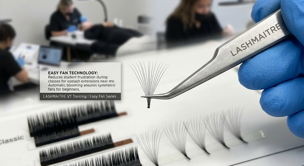 Extreme macro photograph of LASHMAITRE precision tweezers gripping an 'Easy Fan' blooming lash on a training mat, demonstrating the automated fanning technology that reduces student frustration during classes for eyelash extensions near me.