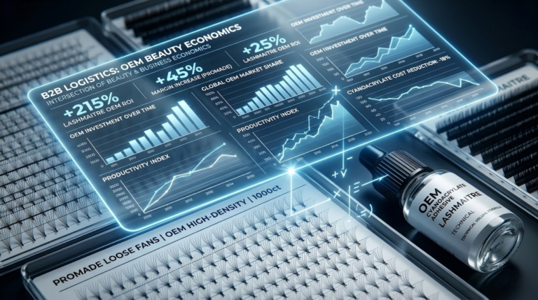 High-contrast macro photography of a B2B financial logistics dashboard showing ROI charts, overlaid with high-density OEM Promade lash trays and cyanoacrylate, representing profitable eyelash extension deals and beauty business economics.