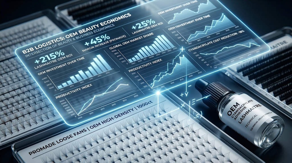 High-contrast macro photography of a B2B financial logistics dashboard showing ROI charts, overlaid with high-density OEM Promade lash trays and cyanoacrylate, representing profitable eyelash extension deals and beauty business economics.