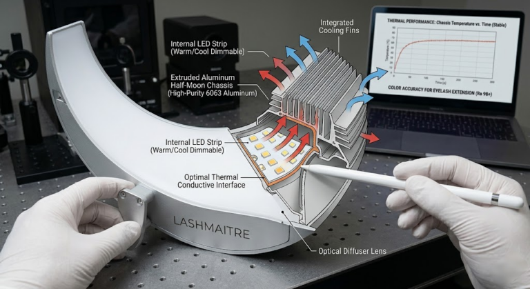 Engineering cross-section diagram of an OEM eyelash extension lamp showcasing the internal LED strip and extruded aluminum half-moon chassis for optimal thermal heat dissipation.