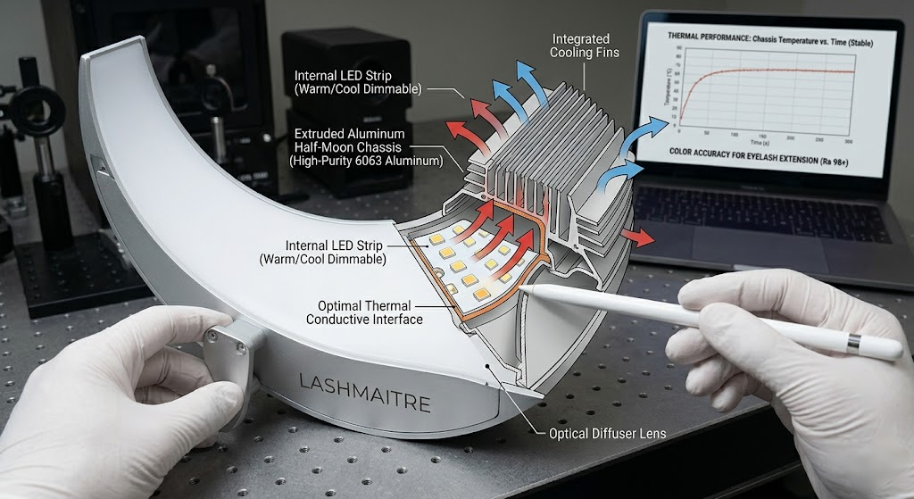 Engineering cross-section diagram of an OEM eyelash extension lamp showcasing the internal LED strip and extruded aluminum half-moon chassis for optimal thermal heat dissipation.