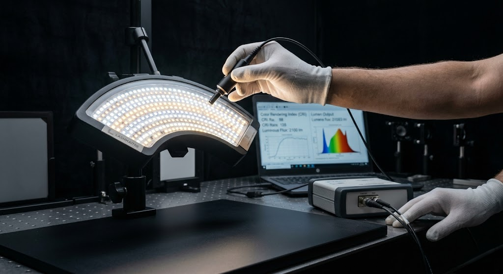 A professional factory technician using a high-precision digital spectrometer to verify the Color Rendering Index (CRI) and lumen output of an LED array for an OEM eyelash extension lamp inside an optical testing darkroom.