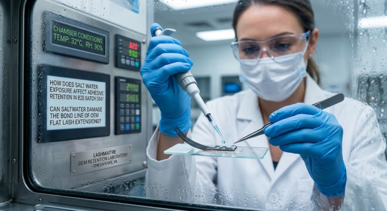 Macro photography showing a B2B factory chemist conducting rigorous salt-water resistance testing on a PBT flat lash extension inside an environmental stress chamber for eyelash extensions chesapeake va.
