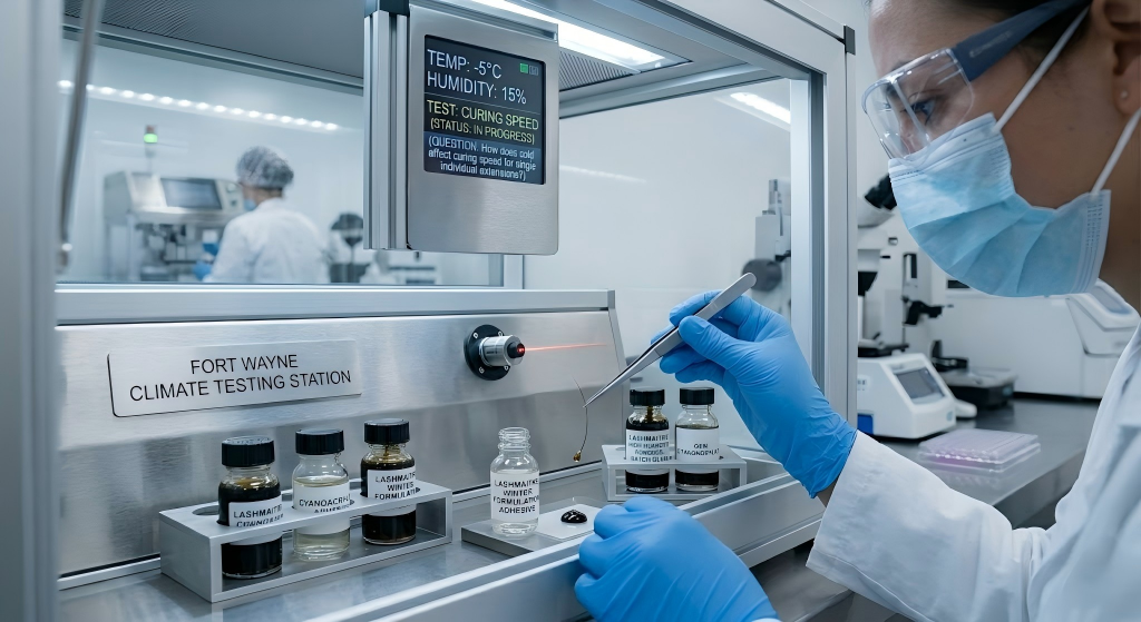 A professional factory chemist testing the curing speed of a winter-formulated cyanoacrylate adhesive on a single individual PBT fiber for eyelash extensions fort wayne inside a thermal environmental control chamber.