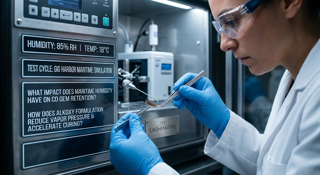 A B2B factory chemist analyzing the vapor pressure and curing speed of alkoxy-cyanoacrylate adhesive on premium brown PBT flat lashes, specifically optimized for the high-humidity maritime climate of eyelash extensions gig harbor.