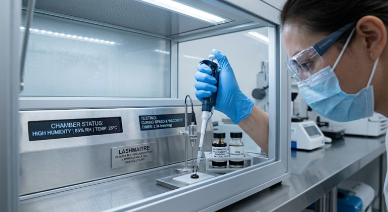 A factory chemist conducts critical climate testing at the LashMaitre laboratory in Lawrenceville, GA, analyzing the curing speed and viscosity of a specialized, high-humidity formulated cyanoacrylate adhesive, a key component for professional eyelash extensions in Lawrenceville ga. The controlled environmental chamber displays parameters of 85% RH and 26°C, ensuring optimal performance.