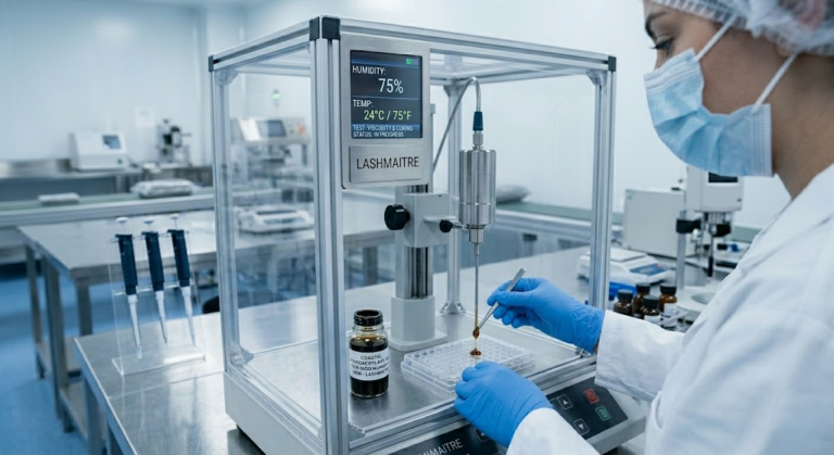 A B2B factory chemist testing the curing speed and viscosity of coastal-formulated adhesive for professional eyelash extensions quincy inside a high-humidity environmental control chamber.