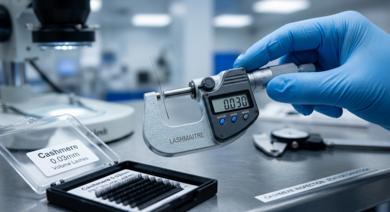 A B2B factory technician using a precision digital micrometer to inspect the ultra-fine 0.03mm diameter of Cashmere PBT volume eyelash extensions saratoga for luxury salon distribution.