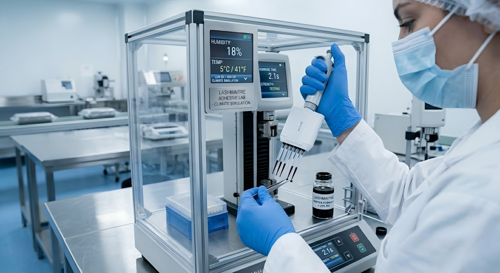 A B2B factory chemist testing the curing speed of winter-formulated adhesive inside a control chamber to ensure perfect retention for a fan for eyelash extension in low-humidity climates like Syracuse, NY.