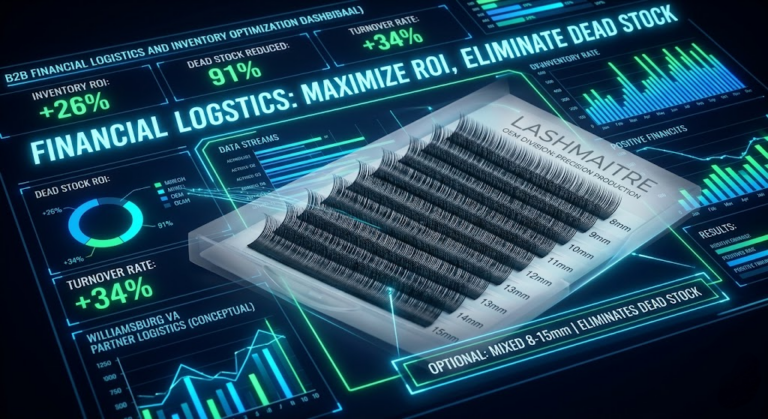 A macro photograph of a futuristic B2B financial logistics dashboard featuring glowing ROI metrics and charts, overlaid with high-density OEM mixed-length eyelash extension trays. Specific text highlights the 8mm-15mm row distribution, linking the product strategy to eliminating dead stock and maximizing ROI.
