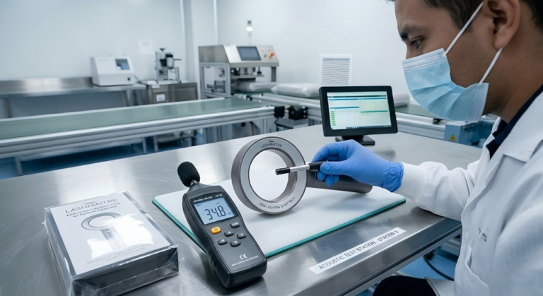 A factory technician using a high-precision decibel meter to measure the noise level of an OEM bladeless fan for eyelash extension on a sterile laboratory bench.