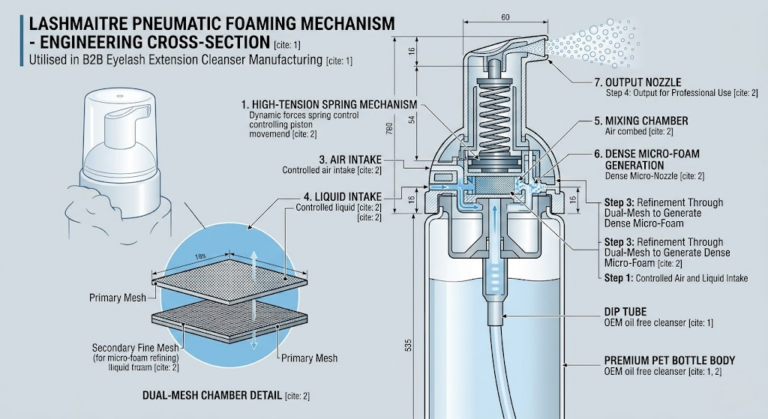 Engineering cross-sectional diagram of a premium pneumatic foaming pump and dual-mesh chamber designed specifically for dispensing an OEM oil free cleanser for eyelash extensions.