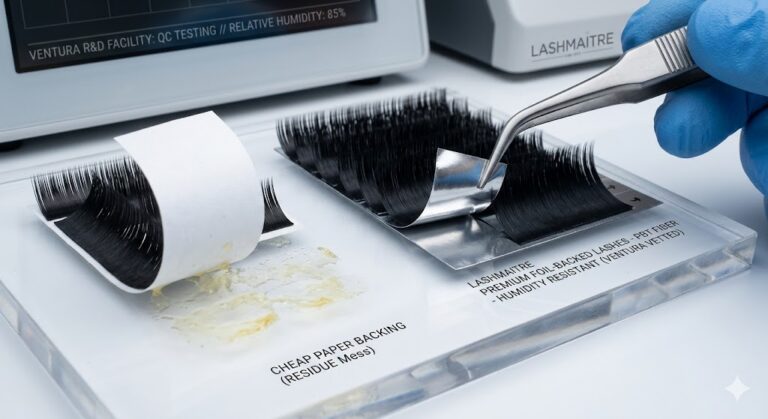 A B2B macro comparison photograph vetting eyelash extensions ventura logistics. Surgical tweezers are peeling a LASHMAITRE premium foil-backed lash strip cleanly off an acrylic pallet, mid-peel, contrasting it with a cheap paper backing that has left yellow sticky cyanoacrylate residue behind. Text labels confirm testing at a high-humidity Ventura, CA R&D facility.