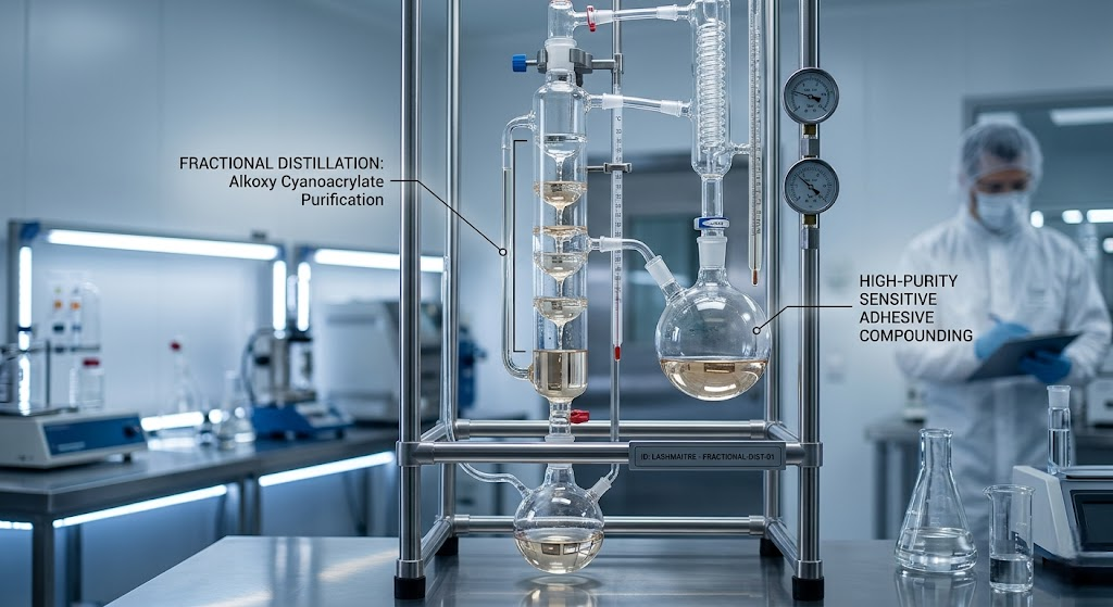A complex glass vacuum fractional distillation column purifying Alkoxy cyanoacrylate in a sterile B2B laboratory, a critical purification stage for manufacturing high-purity eyelash extension adhesive for sensitive eyes.